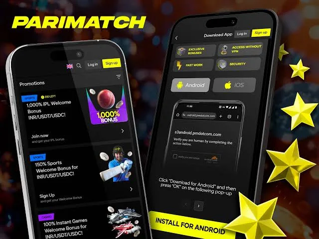 Parimatch India app download screen showing welcome bonus promotions and Android/iOS installation options